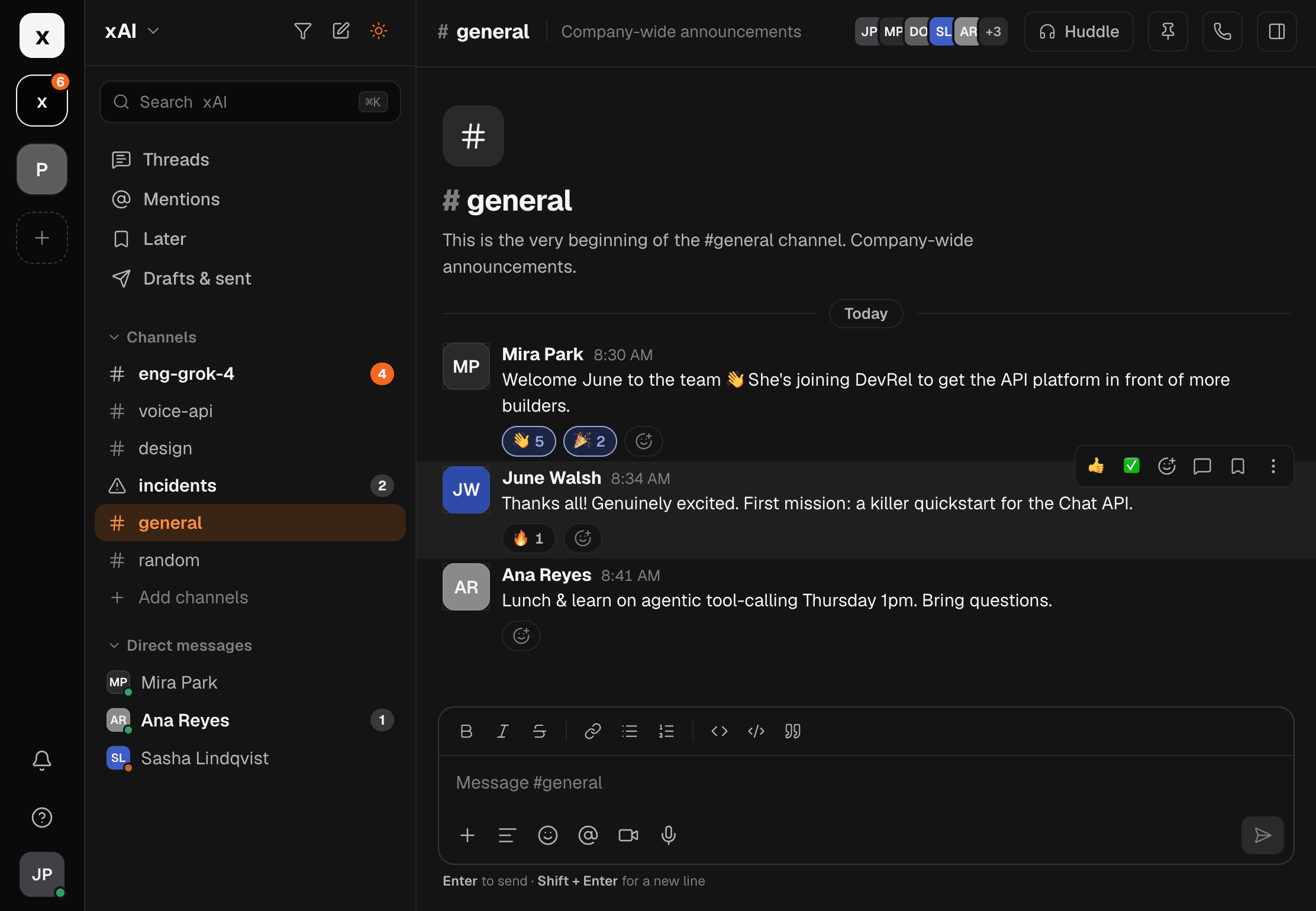 Flyntly team chat interface showing the general channel