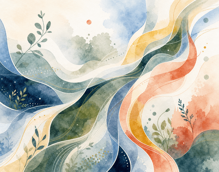 Abstract watercolor ribbons suggesting connected movement