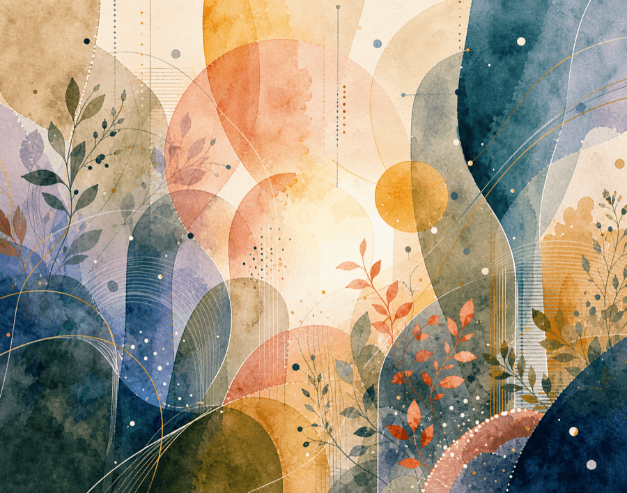 Abstract watercolor circles and botanical shadows