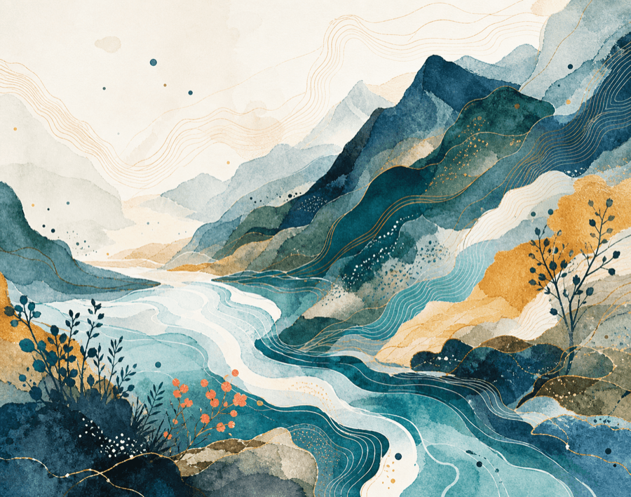 Abstract watercolor topographic contours and flowing shapes